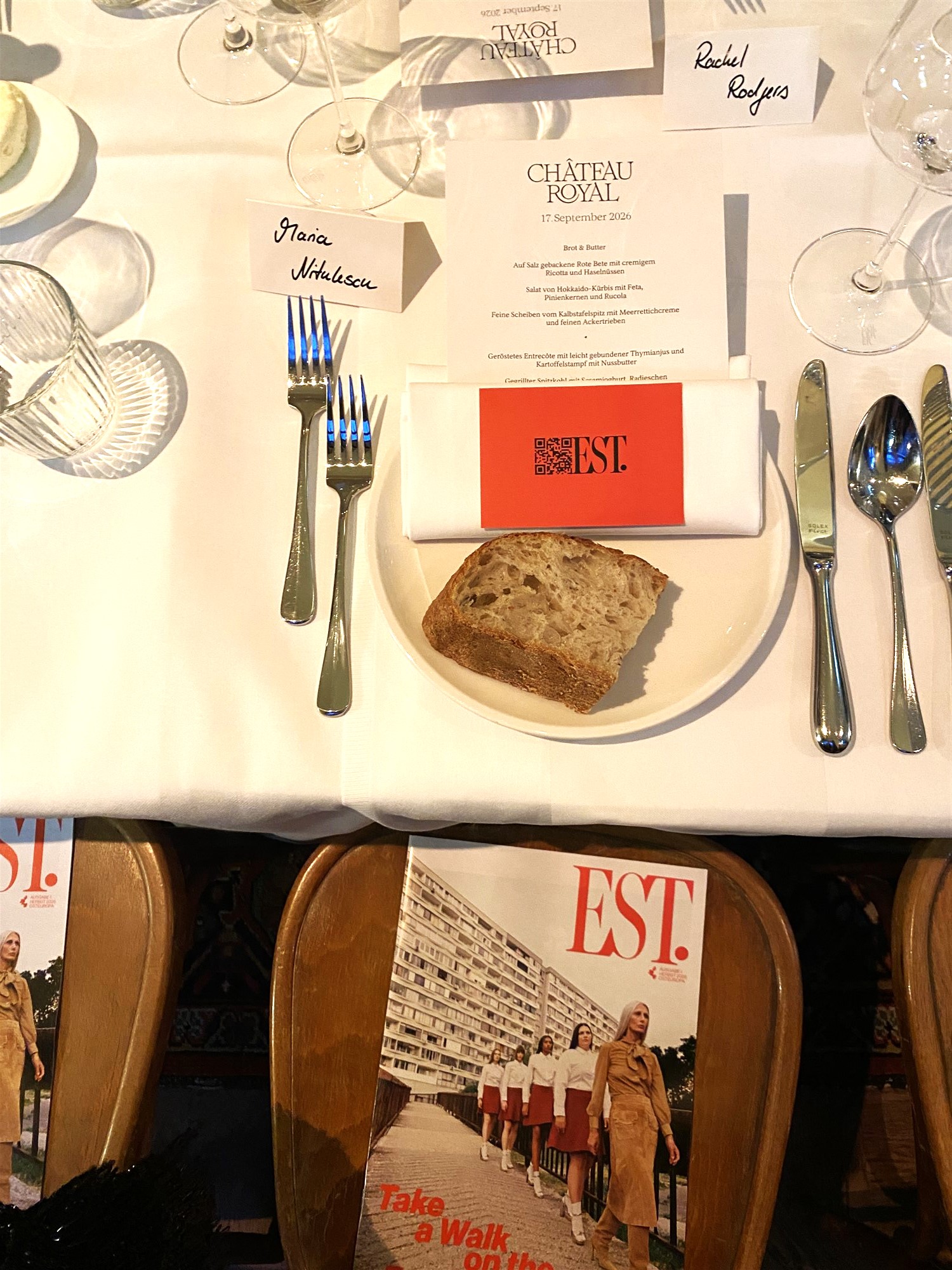 Table setting at the Est. launch party, Château Royal, Berlin, 17 September 2026