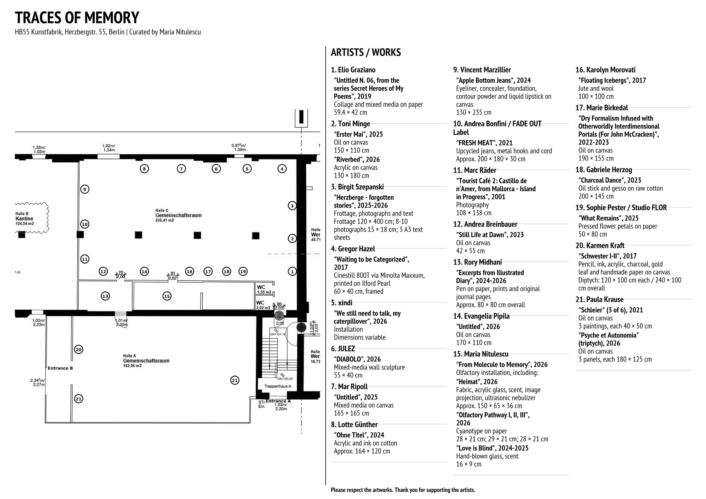 Traces of Memory floor plan and artist checklist, Kunstfabrik HB55, Berlin, 2026
