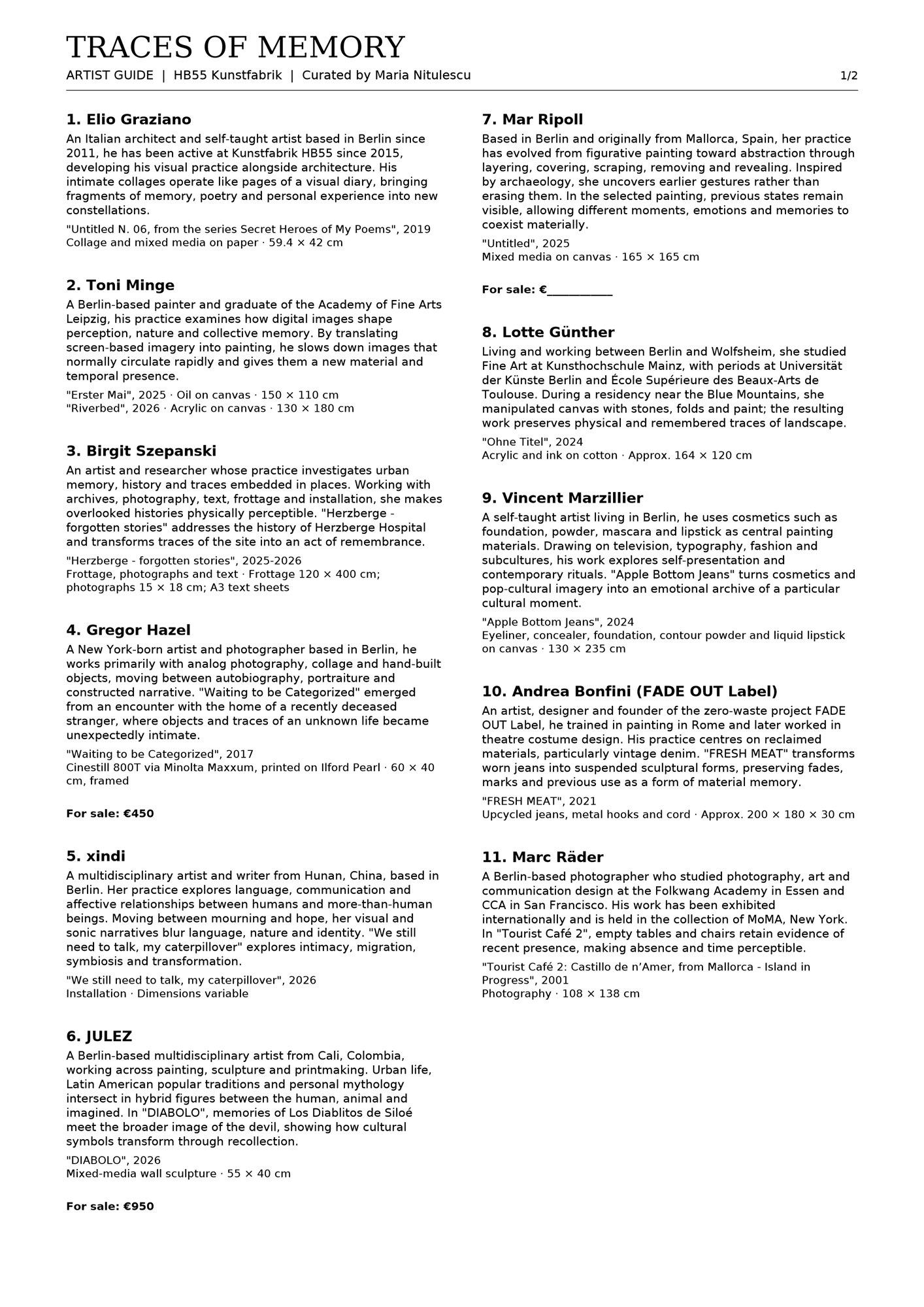 Traces of Memory artist guide, page 1 of 2, short biographies written for the exhibition