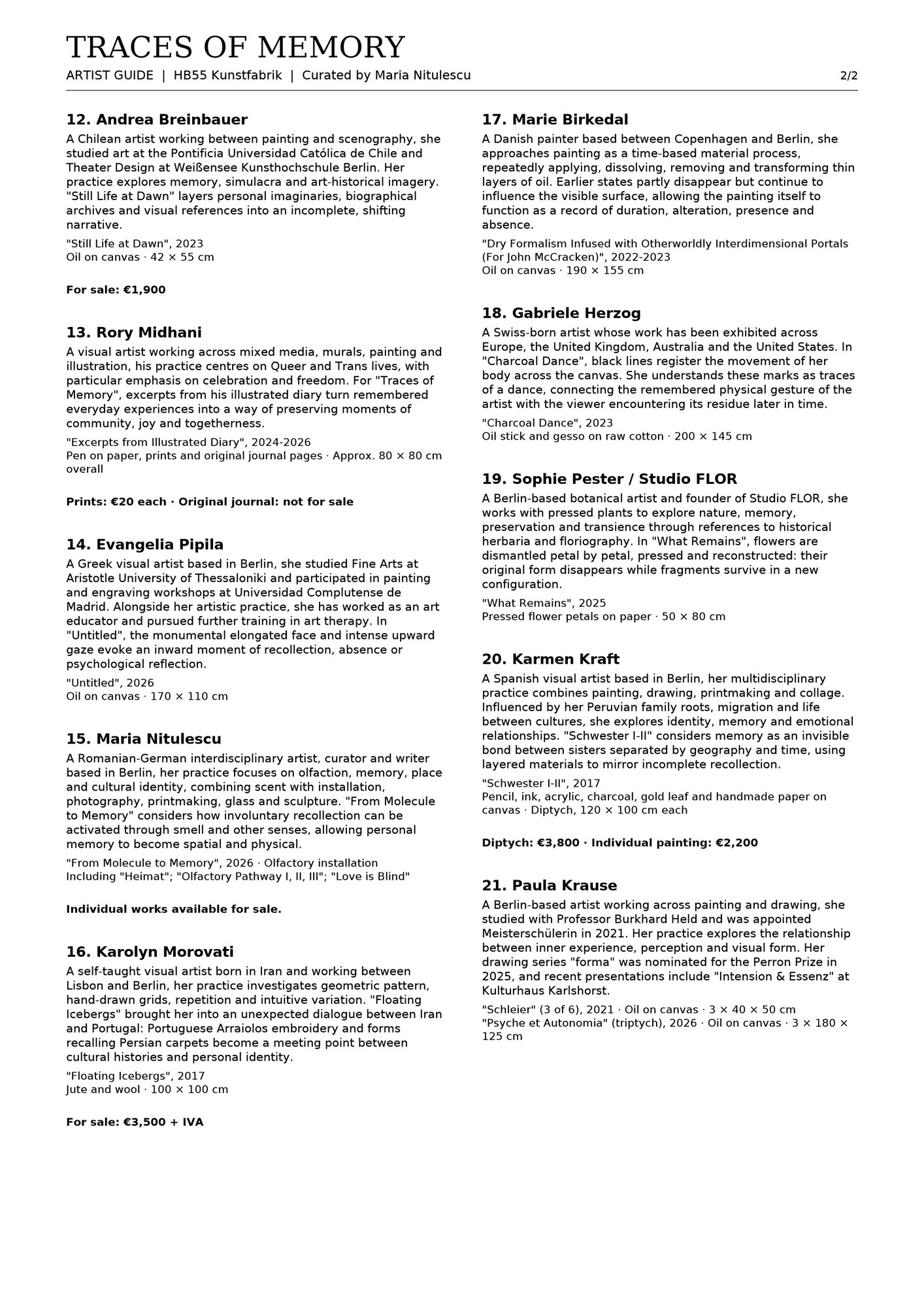 Traces of Memory artist guide, page 2 of 2, short biographies written for the exhibition