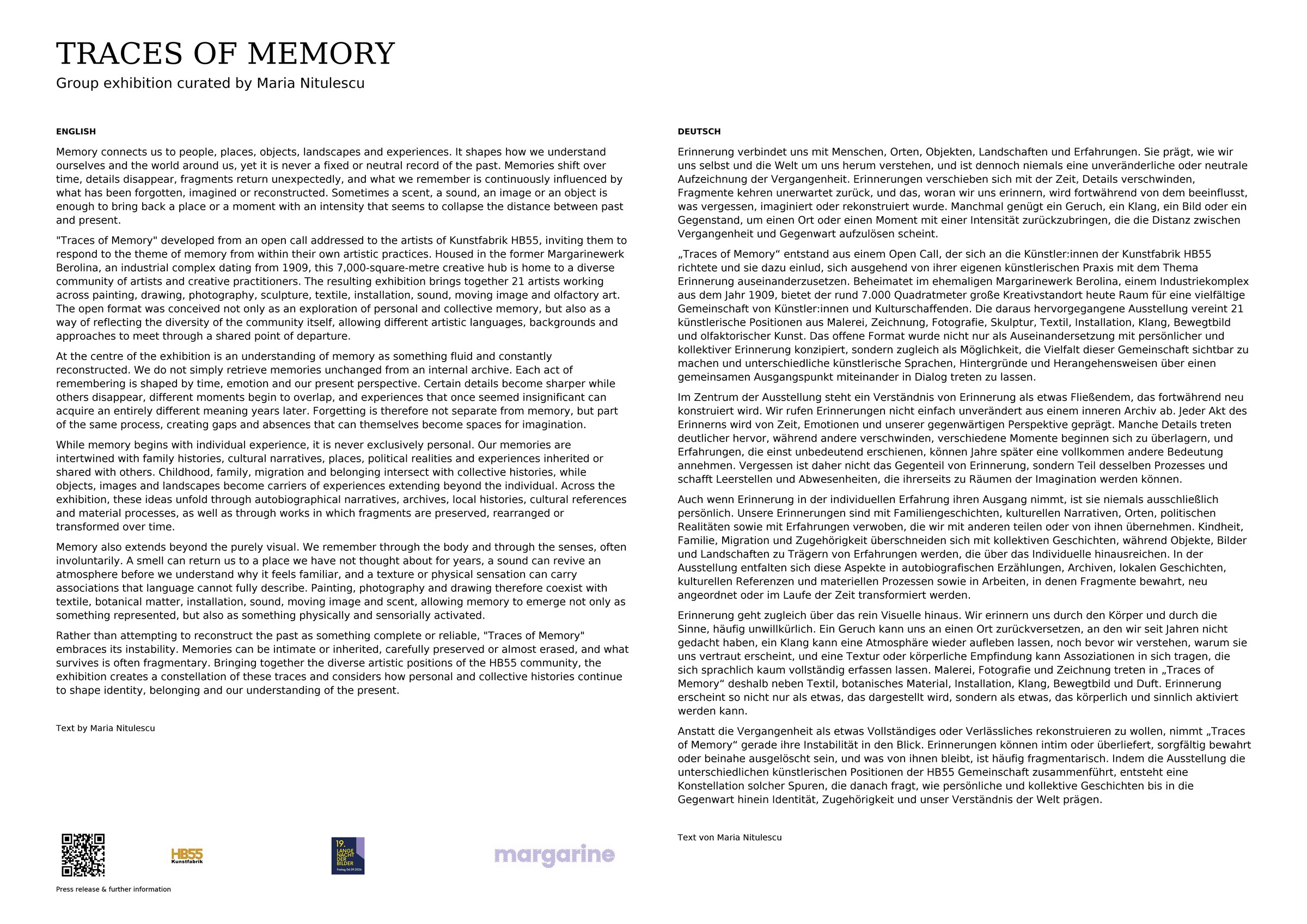 Traces of Memory wall text, bilingual, as printed and installed at Kunstfabrik HB55, Berlin, 2026