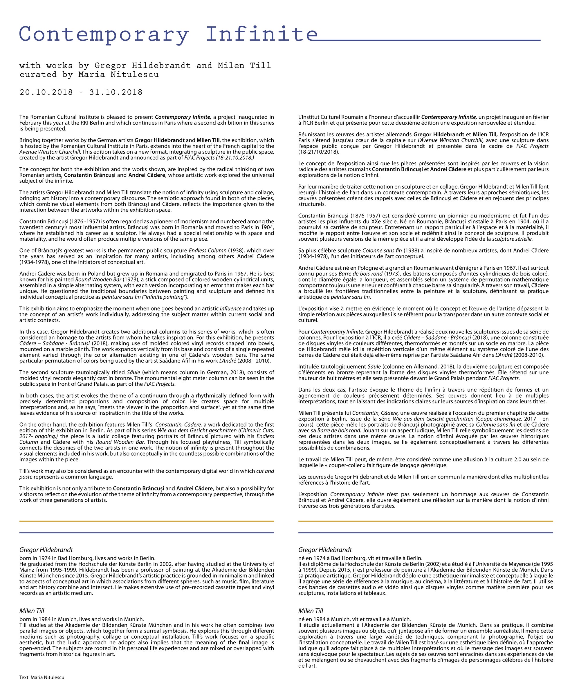 Contemporary Infinite wall text, bilingual, as printed and installed at Galerie Macadam, Romanian Cultural Institute Paris, 2018