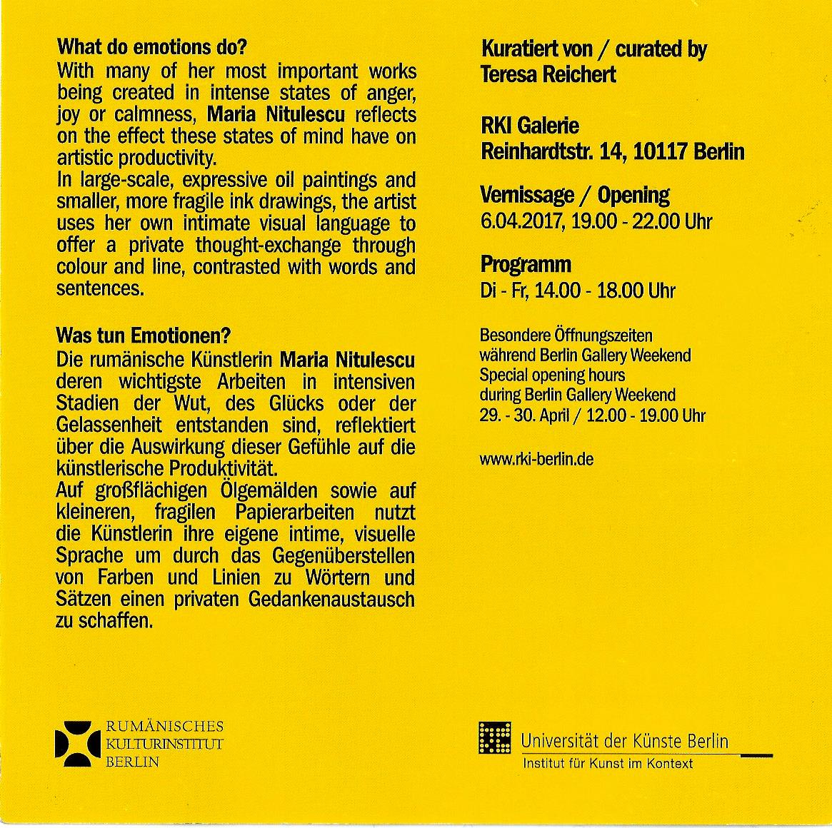 Invitation, “Capturing Emotions”, Romanian Cultural Institute, RKI Galerie, Berlin, 2017, back