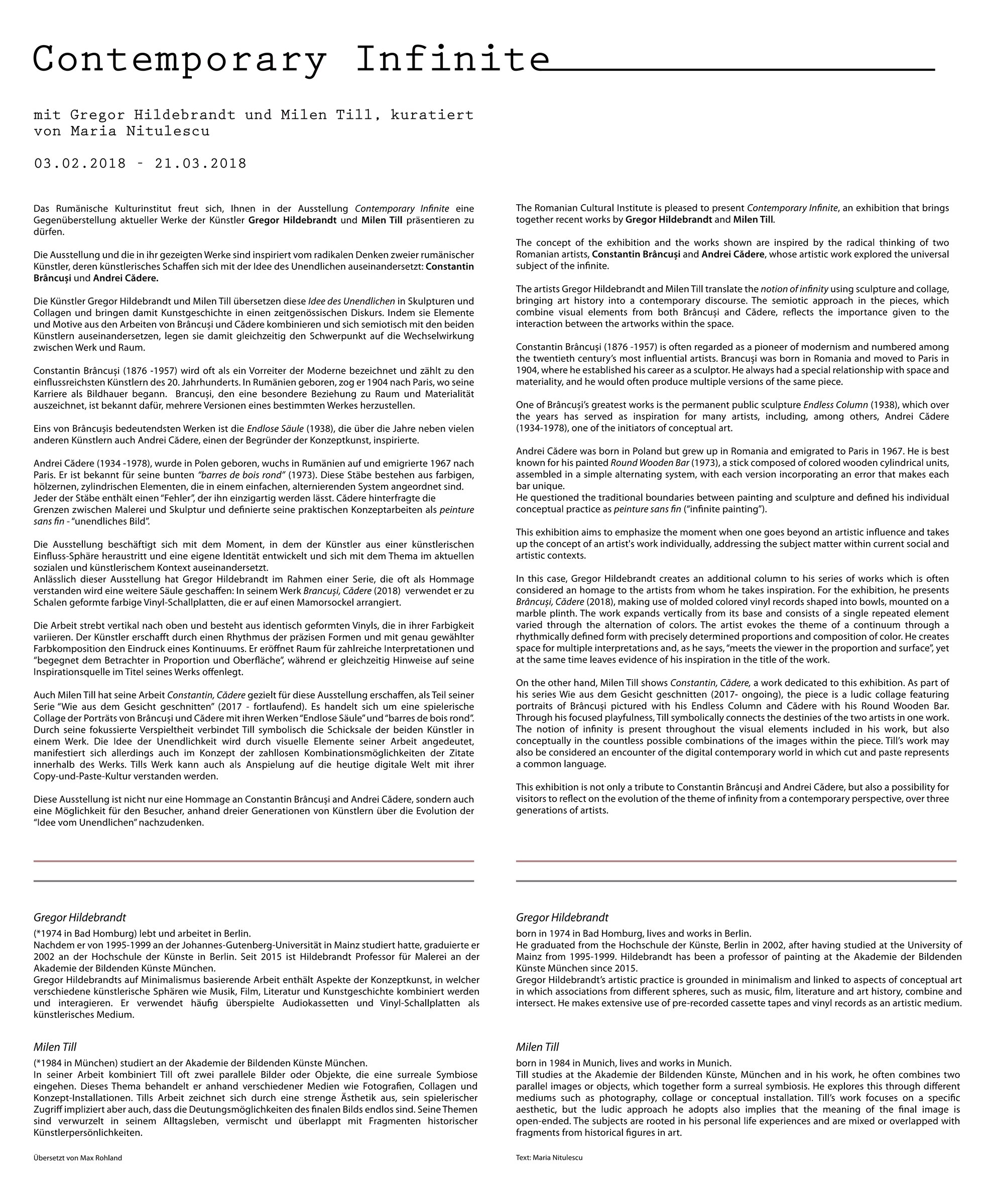 Contemporary Infinite wall text, bilingual, as printed and installed at the Romanian Cultural Institute Berlin, 2018