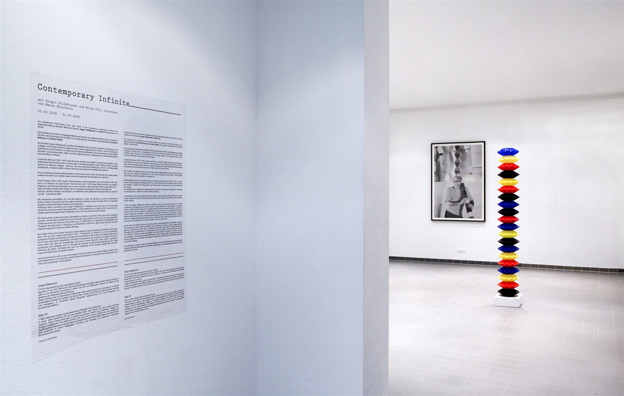 Installation view, Contemporary Infinite, Romanian Cultural Institute Berlin, 2018, with wall text by Maria Nitulescu