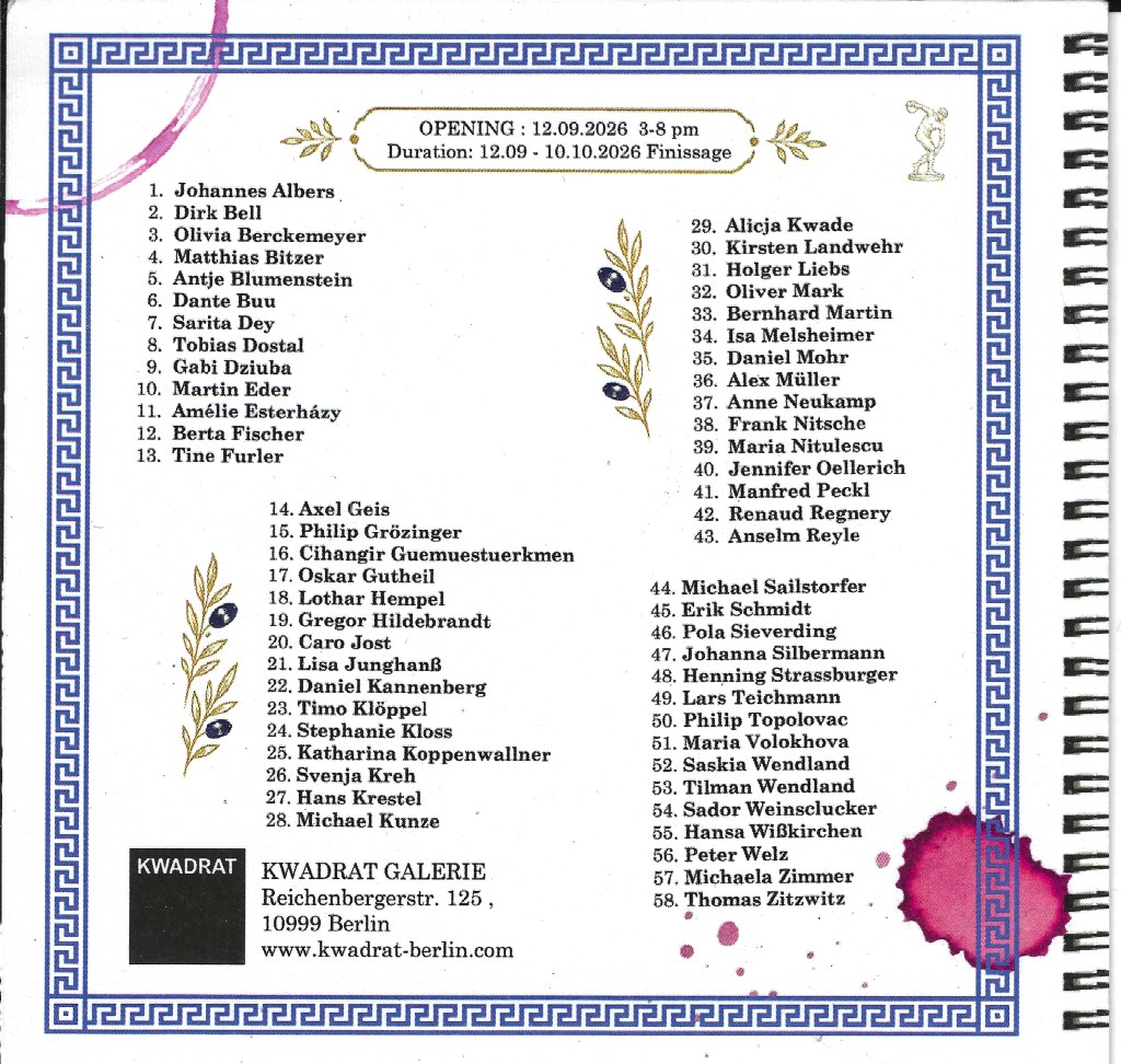 Griechischer Wein, group exhibition flyer back cover with opening details and participating artists list, KWADRAT Berlin