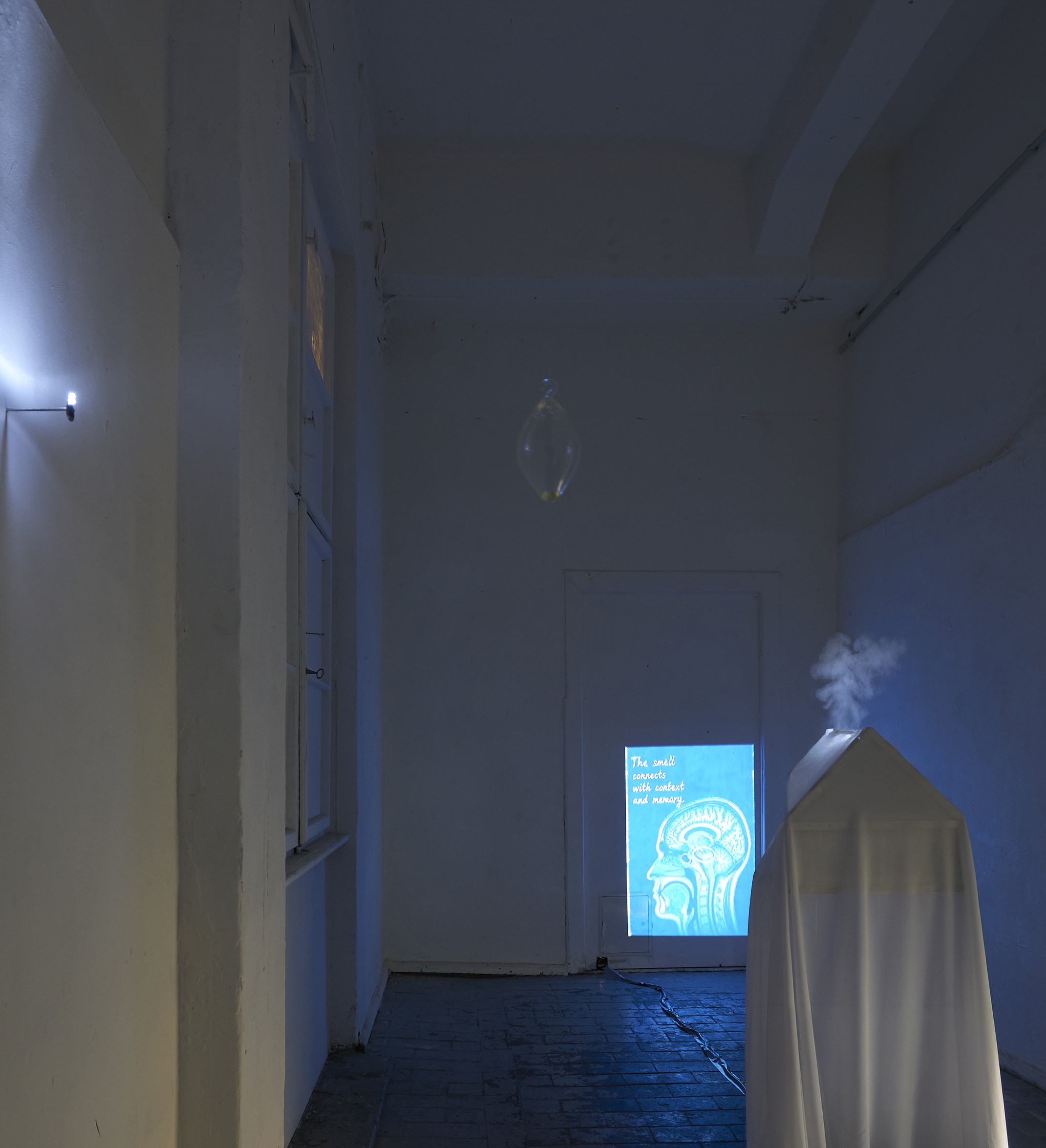 Installation view, room corner, with "Heimat" and "Love is Blind", part of "From Molecule to Memory" within "TRACES OF MEMORY", Kunstfabrik HB55, Berlin, 2026